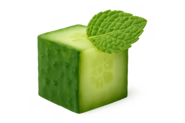 Cucumber cube with fresh mint leaf creating a unique blend of natural and geometric elements on transparent background