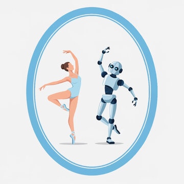 A human ballerina and a robot are dancing together inside a blue oval frame, against a white background.