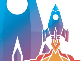 Vibrant rocket launch against a colorful cosmic background, symbolizing exploration and adventure.