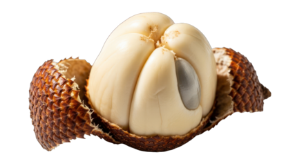 Close-up of a partially peeled durian fruit on a