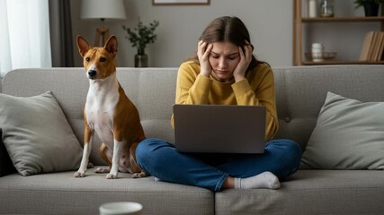 Young woman looking stressed while working on laptop with dog