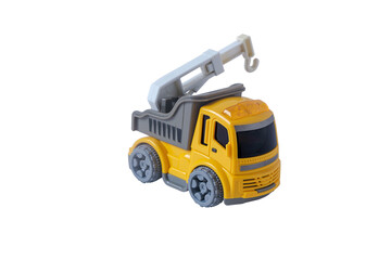Industrial yellow mobile crane truck toy, plaything for kid learning about construction site work and logistic work