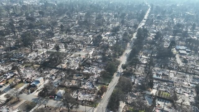 Altadena California Aerial view after Eaton Fire Ravages Town