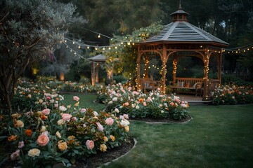 Muted background of flower beds and fairy lights at a whimsical garden celebration