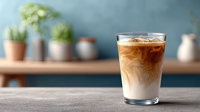 Refreshing iced coffee beverage with creamy layers of milk and coffee served in a clear glass with a textured countertop and blurred background of potted plants and vases