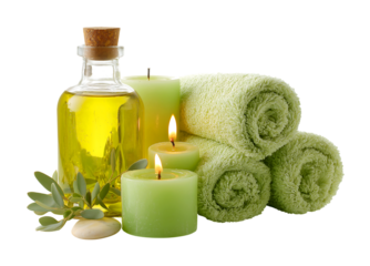 Aromatherapy and Wellness: Spa Still Life with Green Candles, Oil, and Towels isolated on a transparent background