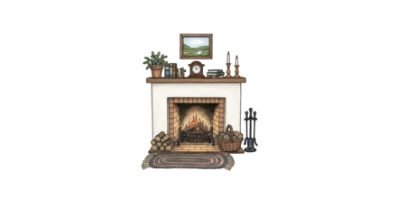 Cozy fireplace scene with burning fire against the transparent background