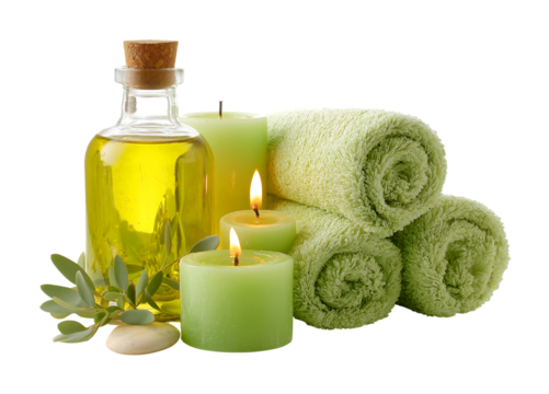 Aromatherapy and Wellness: Spa Still Life with Green Candles, Oil, and Towels isolated on a transparent background