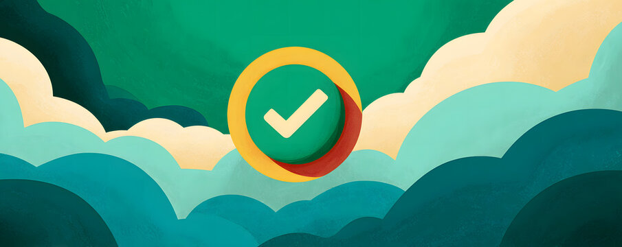 A creative graphic with a check mark symbol in a circle and a cloudscape background. It gives a sense of completion and approval. 