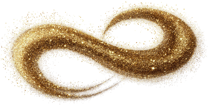 Shimmering infinity symbol made of sparkling golden sand on black