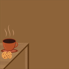 Flat minimalist illustration of warm brown coffee cup with steam and chocolate chip cookies on wood table corner, generous empty space for holiday Christmas cocoa banner background