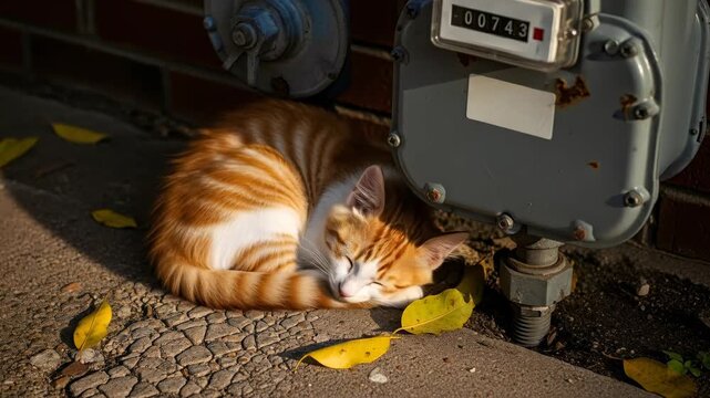 Orange and white cat sleeping peacefully next to a gas meter on a sunny day with yellow leaves on the ground. Outdoor scene footage.