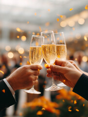 Cheers to Celebration: A vibrant moment of joy is captured as people clink champagne glasses in a toast, framed with festive confetti, symbolizing happiness, camaraderie, and a special occasion.