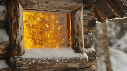 Siberian Wooden Izba - Frosted Amber: Traditional Siberian wooden izba (log house), logs appearing as if made of translucent, frosted amber with trapped ancient insects