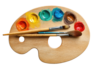 Artist's wooden palette with colorful paints and brushes