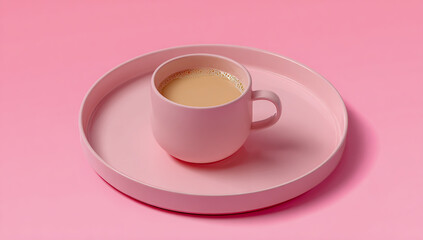 Fototapeta premium A light pink mug filled with creamy coffee sits on a matching pink plate against a vibrant pink background
