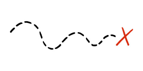 Old pirate treasure map. Dashed line and red X sign on travel map. Path to treasure and gold location. Old pirate letter. Vector illustration isolated on white background. © Elena Pimukova