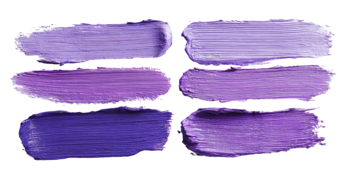 Six textured brushstrokes of varying purple hues, isolated on black