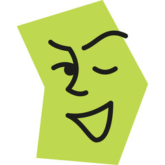 Green abstract shape with a simple black line drawing of a winking face conveying mischief and a playful expression on a transparent background with clear lighting