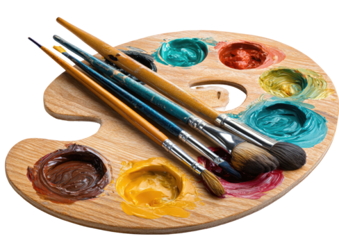 Artist's wooden palette with colorful paints and brushes (1)
