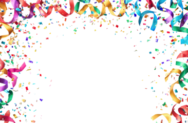 Colorful streamers and confetti arch over a dark background