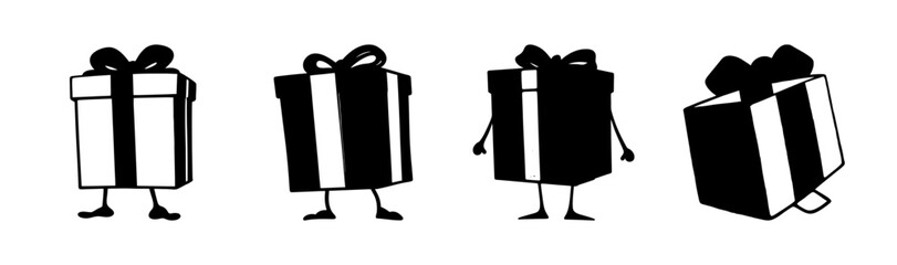 Anthropomorphic gift boxes with feet, black and white minimalist doodle illustration