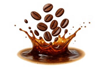 Coffee beans creating dynamic splash in rich brown liquid, dropping into hot beverage with power and energy