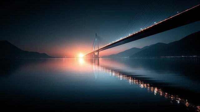 Cross-sea bridge under the night sky with interwoven light and shadow