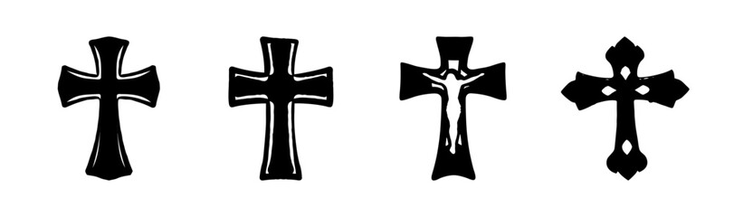 Collection of four religious christian crosses and crucifix icons set vector illustration