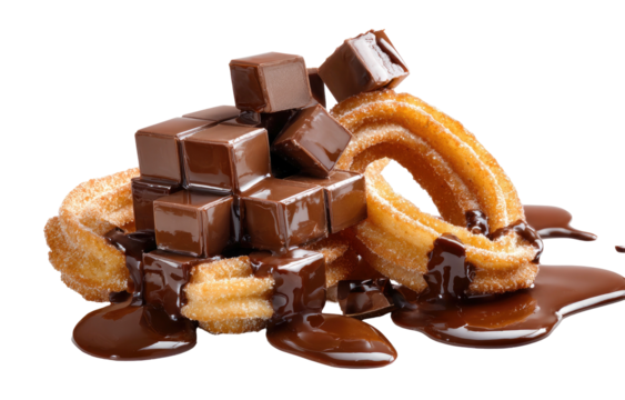 Sweet fried dough rings and cubes covered in melted chocolate