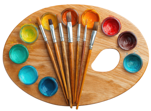 Artist's wooden palette with colorful paints and brushes (3)