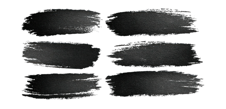 Six black brush strokes on a transparent background