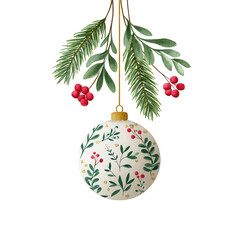 Festive hanging Christmas ornament decorated with floral design and surrounded by evergreen branches and red berries on a black background