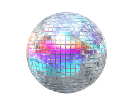 Gleaming disco ball reflecting vibrant rainbow colors on black