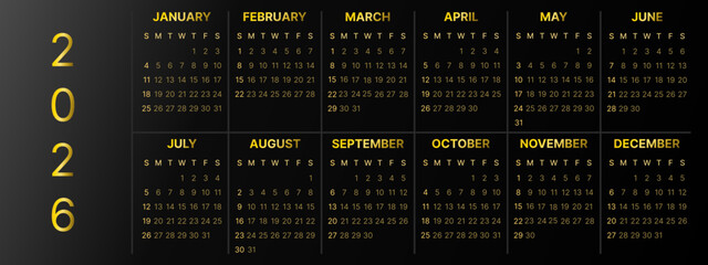 Resizable Elegant Horizontal 2026 Calendar Layout with Gold Typography on Dark Background
