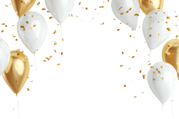 Golden and white balloons with falling confetti on black