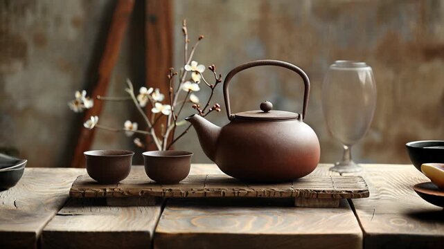 Elegant Japanese tea set on warm wood; steam, ceramics, and soft light evoke calm ritual&mdash;beautiful footage for culture pieces, hospitality brands, matcha products, meditative ads.