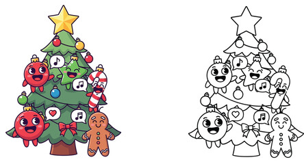 Cute Christmas Tree with Candy Cane, Star, Gingerbread, and Ornament Characters, Fun Cartoon Holiday Coloring Page for Kids and Winter Celebration