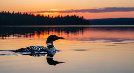 Fototapeta premium Loon Swimming in Lake at Sunset - A Serene Wildlife Moment.