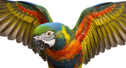 Colorful parrot with spread wings against greenscreen