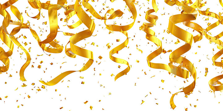 Gold streamers and confetti fall against a black background
