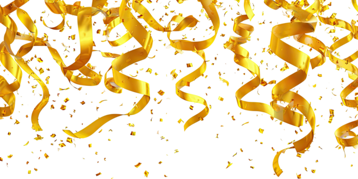 Gold streamers and confetti fall against a black background