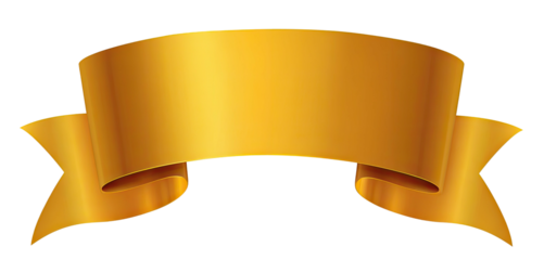 A curved, glossy gold ribbon banner with pointed ends against a black background