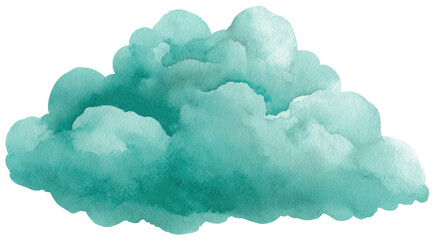 A watercolor painting of a fluffy, turquoise cloud against a transparent background