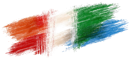 Colorful brush strokes of red, orange, white, green, and blue