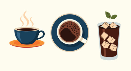 Three illustrations of hot coffee, overhead coffee, and iced coffee, showcasing various popular coffee beverages.