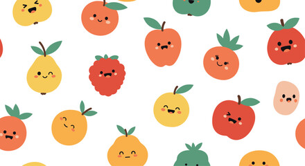 Obraz premium A cheerful and colorful seamless pattern featuring adorable cartoon fruits with happy faces, perfect for children's designs and playful backgrounds.
