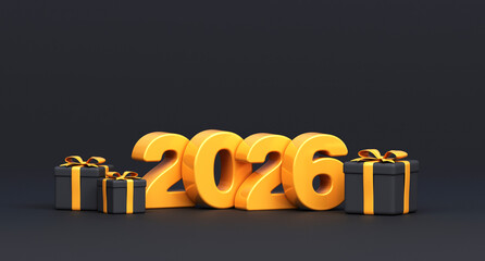 2026 happy new year. Golden numbers 2026 and gifts on a dark background.