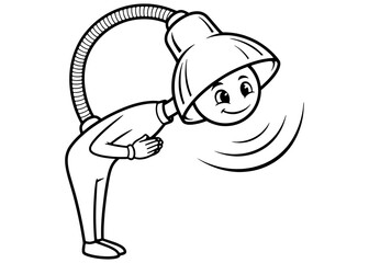 A polite desk lamp mascot bowing with respect. Black and white vector illustration, a concept for greeting, gratitude, or service.