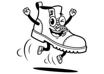 A happy cartoon work boot mascot jumping and cheering. Black and white retro vector line art, isolated for a logo, t-shirt, or coloring book.